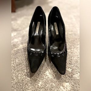 Manolo Blahnik Black Suede Pointed Toe Pumps with scallops